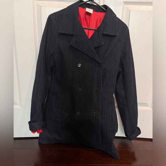 Vintage Esprit Denim Blazer Pea Coat M L navy blue red pinstripes - Picture 3 of 14